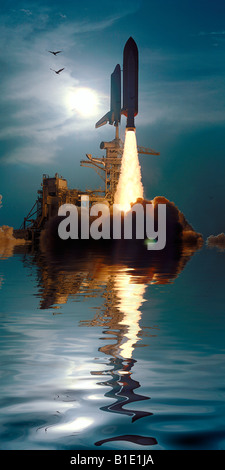 NASA Space Shuttle Discovery steigt zum Himmel von Launch Pad 39 b Stockfoto