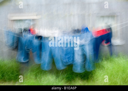 Jeans & andere Wäsche auf der Wäscheleine hängen verschwommen durch Bewegung Alaska Sommer USA Stockfoto