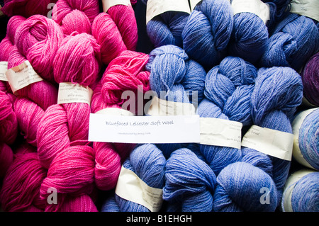 Stränge von Hand gefärbt blau und rosa Bluefaced Leicester Schafwolle hergestellt in wales Stockfoto