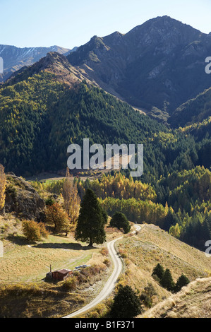 Schotterstraße und Ackerland Skippers Canyon in der Nähe von Queenstown Central Otago Neuseeland Südinsel Stockfoto