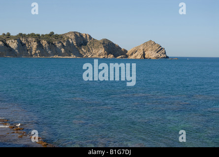 Blick vom betauchen Bereich auf Cabo San Martin und Prim Cap, Javea / Xabia, Provinz Alicante, Comunidad Valenciana, Spanien Stockfoto