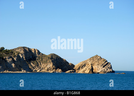 Blick vom betauchen Bereich auf Cabo San Martin und Prim Cap, Javea / Xabia, Provinz Alicante, Comunidad Valenciana, Spanien Stockfoto