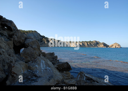 Blick vom betauchen Bereich auf Cabo San Martin und Prim Cap, Javea / Xabia, Provinz Alicante, Comunidad Valenciana, Spanien Stockfoto