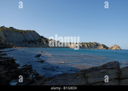 Blick vom betauchen Bereich auf Cabo San Martin und Prim Cap, Javea / Xabia, Provinz Alicante, Comunidad Valenciana, Spanien Stockfoto