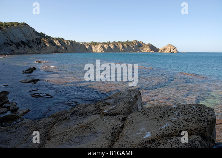 Blick vom betauchen Bereich auf Cabo San Martin und Prim Cap, Javea / Xabia, Provinz Alicante, Comunidad Valenciana, Spanien Stockfoto