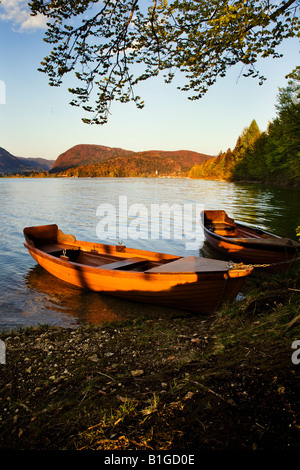 Boote am See von Bohinj Stockfoto