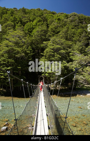 Drehbrücke über Caples Fluss oberhalb Zusammenfluss mit Greenstone Fluss Caples und Greenstone Täler in der Nähe von Lake Wakatipu Stockfoto