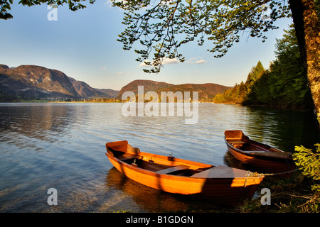 Boote am See von Bohinj Stockfoto