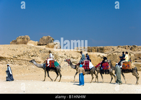 Touristen-Ritt auf einem Kamel Zug in der Nähe der Gizeh-Pyramiden Ägypten Stockfoto