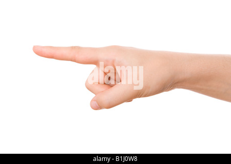 Hand zeigt Richtung isoliert auf weißem Hintergrund Stockfoto