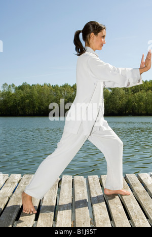 junge hübsche Frau praktizieren Tai Chi auf einem Holzsteg am See, Griff Vögel Heck Stockfoto