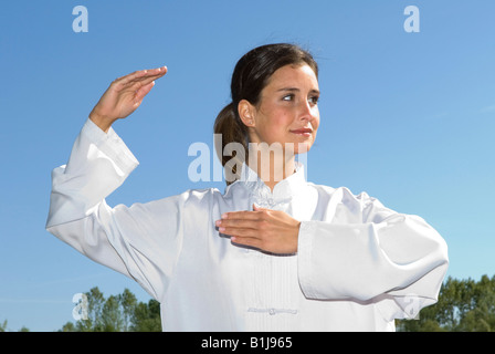 junge hübsche Frau praktizieren Tai Chi, Griff Vögel Heck Stockfoto