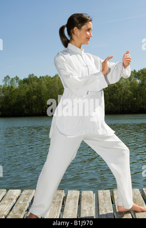 junge hübsche Frau praktizieren Tai Chi auf einem Holzsteg am See, Griff Vögel Heck Stockfoto