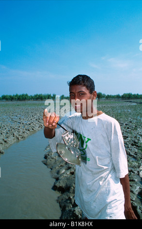 Teenager mit Horseshoe Crab Mangrovensumpf Moheskhali Insel in der Nähe von Cox s Bazar Bangladesch Stockfoto