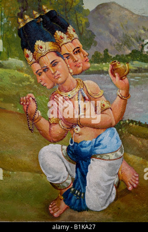 Wandbild des Hindu Gott Brahma mit vier Köpfen an der Decke des Arunachaleswara Tempel, Tiruvanamalai, Tamil Nadu, Indien Stockfoto
