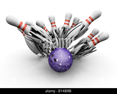 3D Rendern einer Bowlingkugel Zerschlagung in den Kegeln Stockfoto