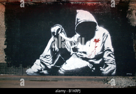 Banksy Graffiti erstochen Hoodie Jugend auf dem Dosen-Festival, Leake Street, London Stockfoto