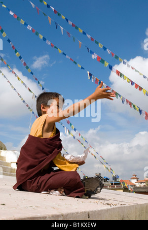 Junger Mönch füttern Tauben bei der Boudhanath Stupa, Kathmandu, Nepal Stockfoto