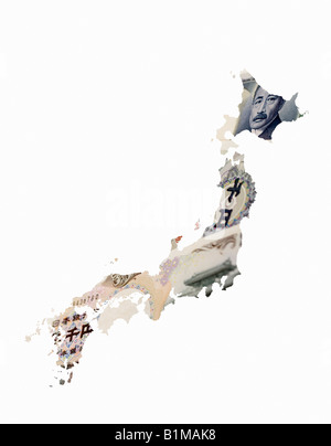 Montage der japanischen Währung auf Karte von Japan Stockfoto