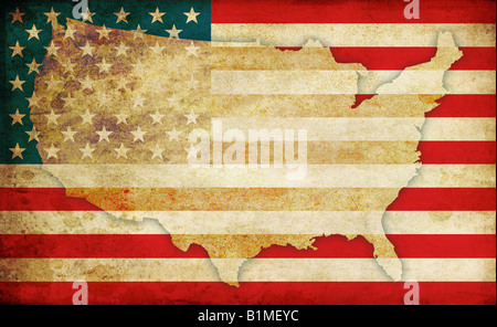 Flagge der Vereinigten Staaten von Amerika und USA Karte Kontur in alten altmodischen, Grunge und rostigen Stil Stockfoto