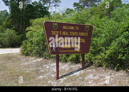 Eingang zum Tates Hölle State Forest Gebiete North Florida High Bluff Coastal Wanderweg Stockfoto