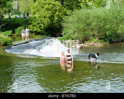 Menschen, die genießen eines sonnigen Tages im Fluß Avon an Claverton Weir, Bath UK Stockfoto