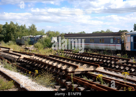 EIN ALTER MOTOR UND EISENBAHNWAGEN ALS SCHUPPEN IN DER NÄHE VON LYDNEY JUNCTION STATION GLOUCESTERSHIRE UK Stockfoto