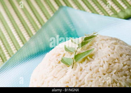 Nahaufnahme von gekochtem Reis mit Curry Blätter in einer Platte Stockfoto