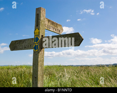 Wegweiser aus Holz zeigt öffentliche Footpaths und Bridleways in Sümpfen, East Yorkshire, England, Großbritannien Stockfoto