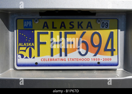 Alaskan Nummernschild mit Alaska 50 Jahr Feier Eigenstaatlichkeit 1959-2009 Stockfoto