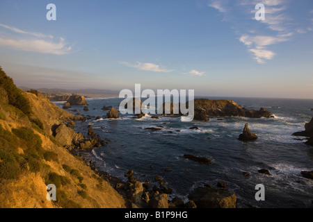 Steile Klippen und Felsen säumen die Ufer des Pazifischen Ozeans entlang California Highway 1 Mendocino County Kalifornien USA Stockfoto