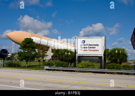 Das Eingangsschild zum Besucher Komplex John F Kennedy Space Center in Cape Canaveral Florida Stockfoto