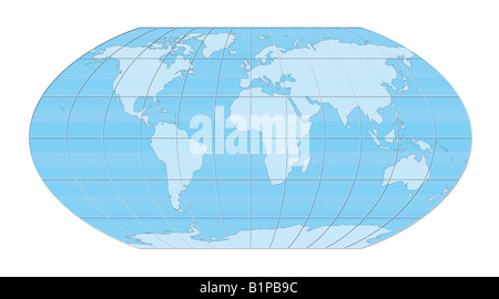 Blaue Welt Kartenprojektion vor weißem Hintergrund. Stockfoto