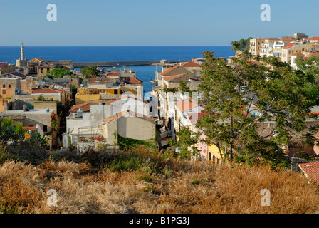 Blick auf den venezianischen Hafen und Altstadt von Chania, Kreta, Griechenland, Europa. Stockfoto