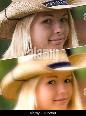 Vor und nach dem Bild eines jungen Mädchens in einem Cowboy-Hut lächelnd Stockfoto