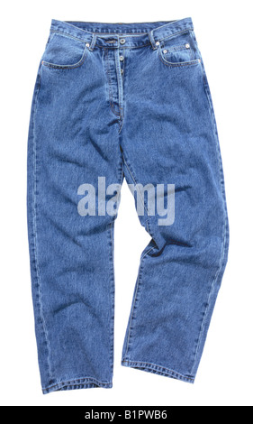 Fotoarchiv der Latzhose oder Jean Hose flach auf einem weißen Hintergrund Stockfoto
