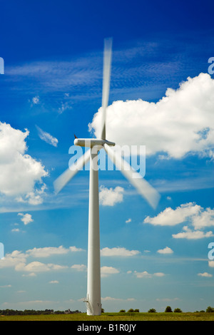 Einzelne Windkraftanlage gegen einen blauen Sommerhimmel mit flufffy weißen Wolken, aufgenommen bei Westmill Wind Farm, Oxfordshire, England, UK Stockfoto