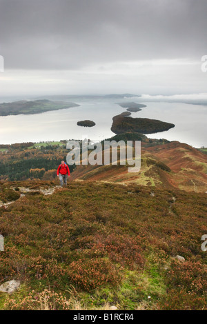 Wanderer, aufsteigender Conic Hill auf der West Highland Way mit Loch Lomond im Hintergrund Stockfoto