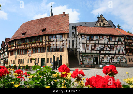 Fachwerkhäuser am Markt-Quadrat Stolberg im Harz in Norddeutschland Stockfoto