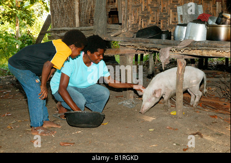 Frau und Kind mit einem Haus-Schwein, Statussymbol in Papua-Neu-Guinea, Heldsbach, Papua-Neu-Guinea, Melanesien Stockfoto