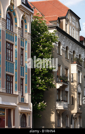 Blühende Kastanie (Castanea) zwischen zwei Jugendstil Mietshäuser in Ainmillerstrasse Straße 22 Und 20, Schwabing, M Stockfoto