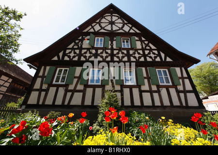 Halbe Fachwerkhaus mit einem Landwirt-Garten in Unteressfeld nahe Bad Koenigshofen, Hassberge, Rhön-Grabfeld, Unterfranken, B Stockfoto