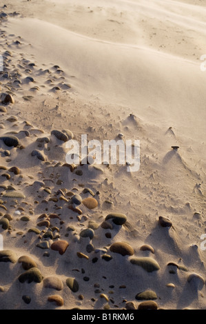 Sand und Kies an einem windigen Findhorn-Strand bei Sonnenuntergang. Schottland. Strand abstraktes Muster Stockfoto