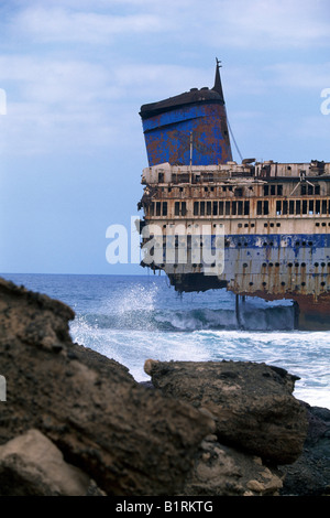 Schiffswrack, Playa de Garcey, Fuerteventura, Spanien Stockfoto