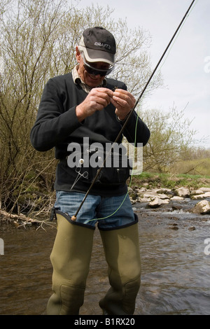 Mann, Fliegenfischen, Vulkaneifel Gebiet, Rheinland-Pfalz, Deutschland, Europa Stockfoto