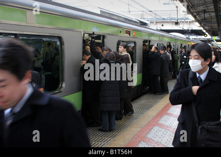 Gehaltsempfänger auf belebten Züge auf der Yamanote-Linie im morgendlichen Berufsverkehr Stockfoto