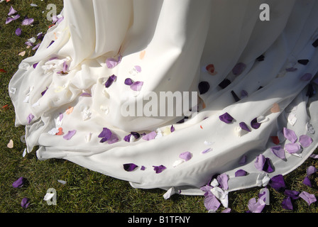 Rosenblüten und Konfetti auf dem Zug eine Braut Kleid an ihrem Hochzeitstag. Stockfoto