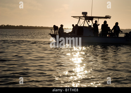 Sonnenuntergang Bootstour mit Reisen von St. George Island in Apalachicola Bay entlang s North Florida panhandle Küste Stockfoto