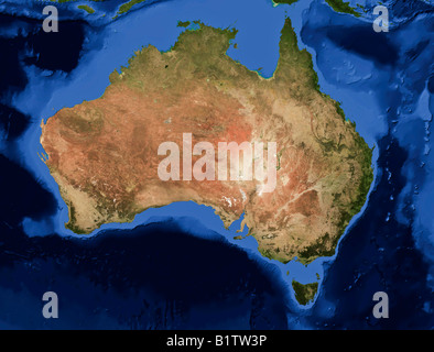 Echtfarbe Terra/MODIS Satellitenbild Australiens in Lambert azimutalen flächentreue Projektion dargestellt. Stockfoto
