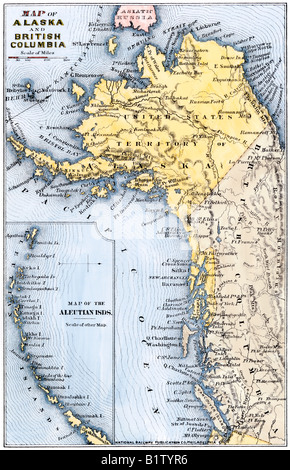 Karte von Alaska, Aleuten, und ein Teil von British Columbia 1872. Hand - farbige Holzschnitt Stockfoto